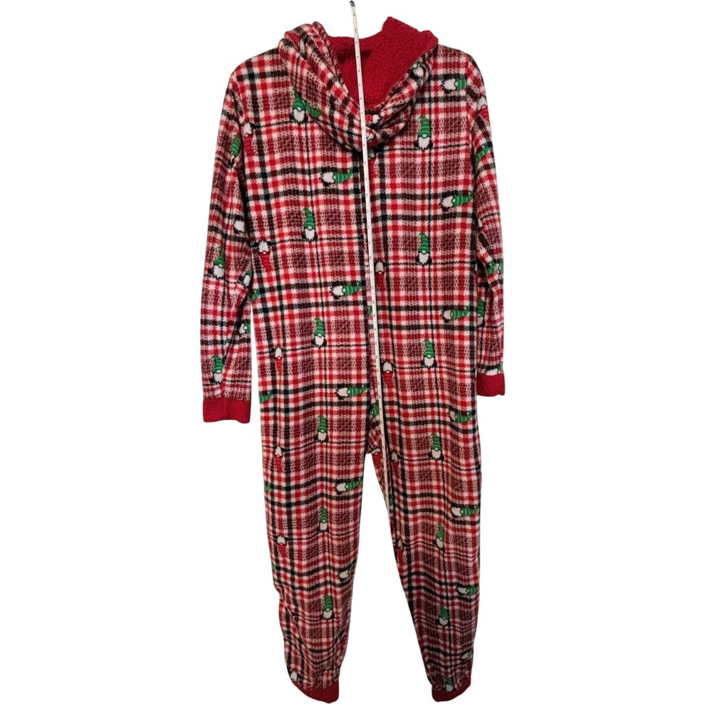 Merry Christmas by Poof Plaid Gnome Fleece Hooded Union Suit Pajamas Large